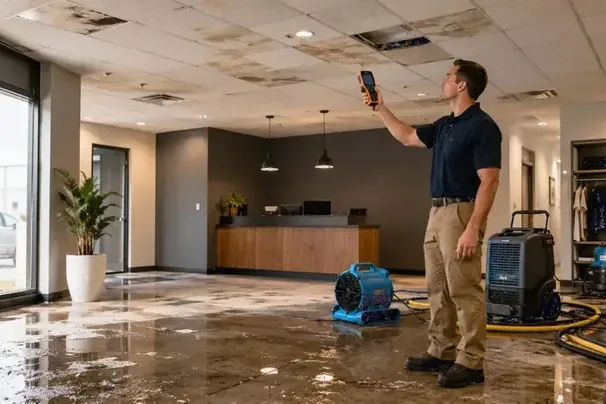 A moisture meter check in a flooded commercial lobby