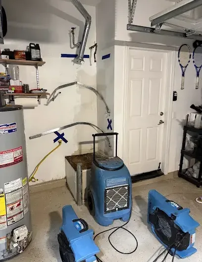 Drying equipment set around a water heater in a garage