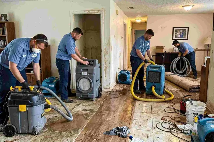 Technicians setting up drying equipment on a water damage job