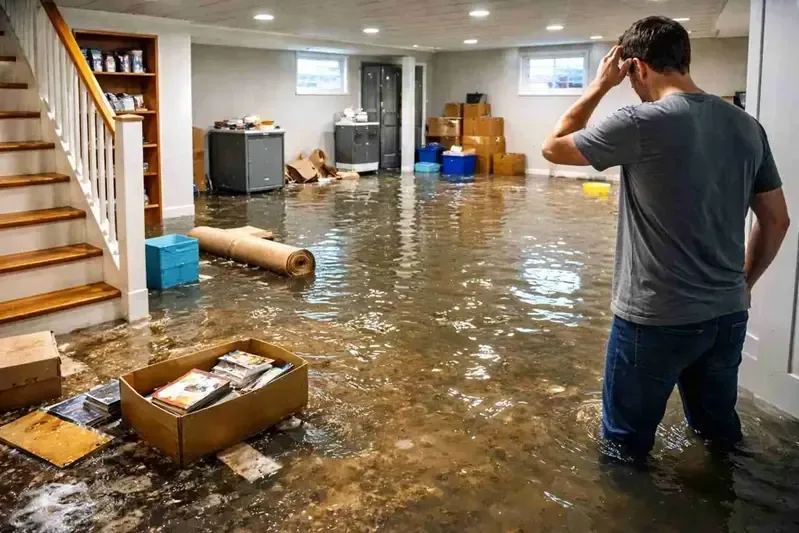 A flooded finished basement with water across the floor