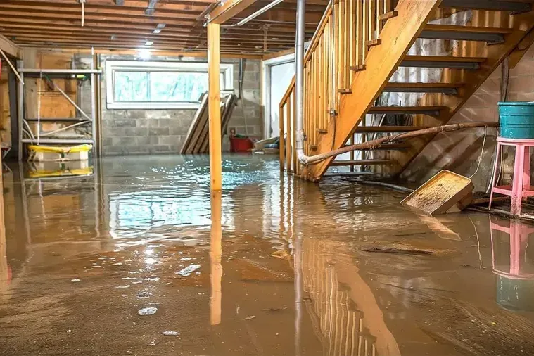 Water spread across an unfinished basement floor at the foot of the stairs