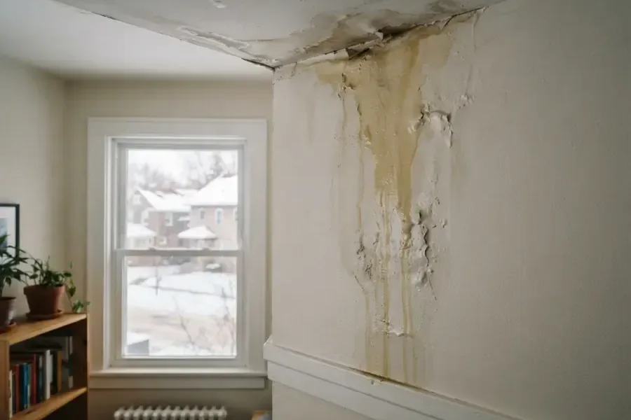 Meltwater stains running down a top-floor wall below the ceiling in winter
