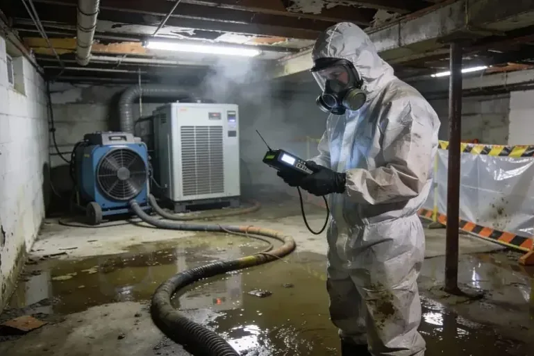 Technician in a protective suit and respirator checking a contaminated room