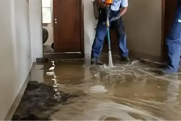 Extraction wand pulling standing water out of a hallway