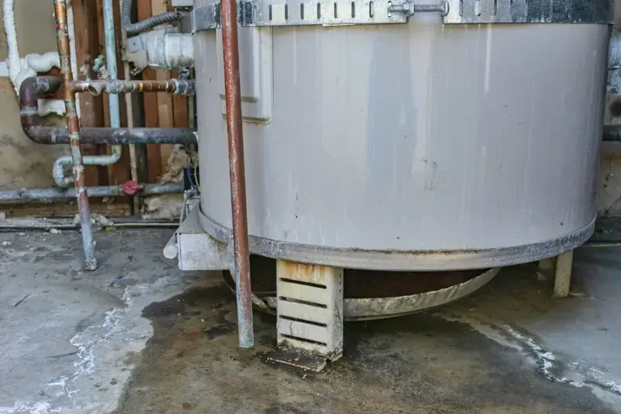 Water pooled around the base of a failed water heater tank